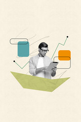 Creative banner collage of young guy worker use tablet on pastel color background with shapes