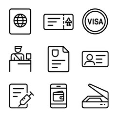 Plakat Travel Icons Grid. Outline icon set of travel documentation features: passport, boarding pass, visa stamp, customs form, travel