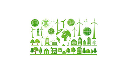 Green energy concept with wind turbine, laptop and glowing world network symbolizing environmental technology and sustainable energy on white background.