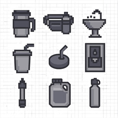 Travel Hydration Icons. Pixel art icon set of travel hydration gear: travel mug, hydration belt, water fountain icon, disposable