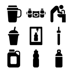 Travel Hydration Gear Icons. Solid, Filled icon set of travel hydration gear: travel mug, hydration belt, water fountain icon,