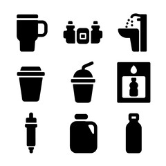 Travel Hydration Gear Icons. Solid, Filled icon set of travel hydration gear: travel mug, hydration belt, water fountain icon,