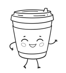 Vector illustration of cute takeaway coffee cup with happy face. Flat isolated illustration.