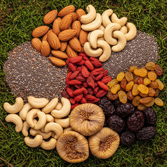 a lot of mushrooms and nuts for healthy food plan