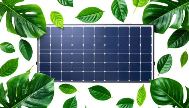 Green leaves highlight solar panels, signifying renewable energy and electricity powered by sunlight on white background.