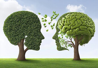 Two green trees shaped like profiles, brains inside, communicating