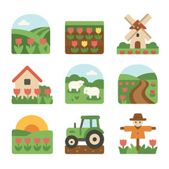 Fototapeta premium Tulip Field Icons. Flat icon set of tulip field scenes: rolling hills, rows of flowers, windmill, farmhouse, grazing sheep, dirt