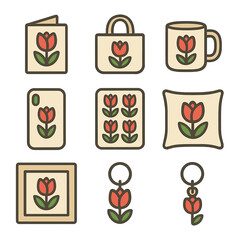Tulip Merchandise Icons. Flat icon set of tulip merchandise: greeting card, tote bag, mug, phone case, notebook, sticker sheet,