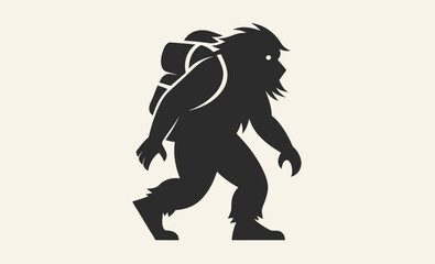 Bigfoot with backpack silhouette, hiking sasquatch silhouette, Bigfoot silhouette carrying a large backpack 