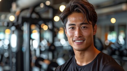 A vibrant portrait of a young man smiling confidently at the gym, depicting positivity and enthusiasm in a fitness environment while surrounded by exercise equipment.