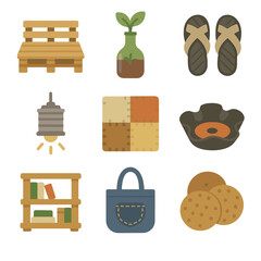 Upcycled Icon Set. Flat icon set of upcycling products: pallet furniture, bottle planter, tire sandals, tin-can lamp, fabric