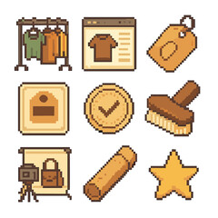 Vintage Resale Icons. Pixel art icon set of vintage reselling: thrift rack, online marketplace screen, secondhand tag, price