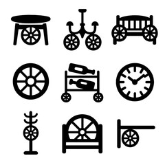 Wagon Wheel Icon Set. Solid, Filled icon set of wagon wheel furniture: coffee table, chandelier, garden bench, mirror frame, wine