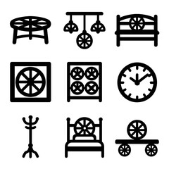 Wagon Wheel Icon Set. Solid, Filled icon set of wagon wheel furniture: coffee table, chandelier, garden bench, mirror frame, wine