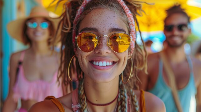 A vibrant and joyful scene featuring a diverse group of young friends enjoying a sunny day, full of smiles and laughter, perfect for themes surrounding youth and happiness.