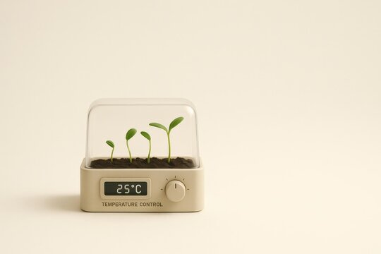 A minimalistic, controlled-environment germination chamber featuring a transparent dome housing young seedlings in soil.