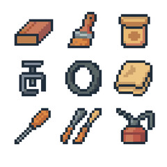 Wagon Wheel Tools Grid. Pixel art icon set of wagon wheel restoration: sanding block, paint brush, wood filler, clamp, metal band,