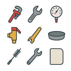 Water Heater Tools Icons. Flat icon set of water heater service tools: pipe wrench, adjustable wrench, thermometer, pressure