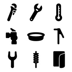 Obraz premium Water Heater Tools Icons. Solid, Filled icon set of water heater service tools: pipe wrench, adjustable wrench, thermometer,