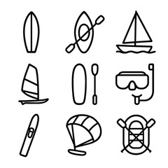 Fototapeta premium Water Sports Icons. Outline icon set of water sports: surfboard, kayak, sailboat, windsurf board, paddleboard, snorkel mask, water