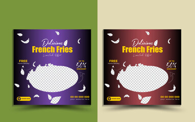 Fast Food French Fries Social Media Poster Or Flyer Design Template.Vector Illustration, Business Marketing Social Media Post Or Web Banner Template Design With Abstract Background Mockup