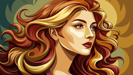 Close-up profile of a beautiful woman. Her long shiny wavy hair forms a romantic curly hairstyle. Fashion, cosmetics, and natural makeup elevate this model girl’s timeless beauty look.

