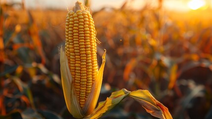 A single ripe corn cob stands out against a golden backdrop of the setting sun in a field, symbolizing abundance and the beauty of nature's harvest.