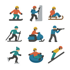 Obraz premium Winter Sports Icons. Flat icon set of winter sports activities: snowboarding, ice climbing, sledding, cross-country skiing,