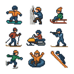 Winter Sports Icons. Pixel art icon set of winter sports activities: snowboarding, ice climbing, sledding, cross-country skiing,