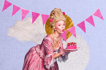 Trend artwork poster composite sketch collage of young lady kiss celebrate birthday flag garland...