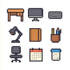 Workspace Essentials Icons. Pixel art icon set of workspace essentials: desk, monitor, keyboard, mouse, desk lamp, notebook, pen