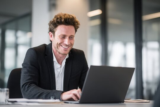 Young smiling businessman working on a laptop in the office.
