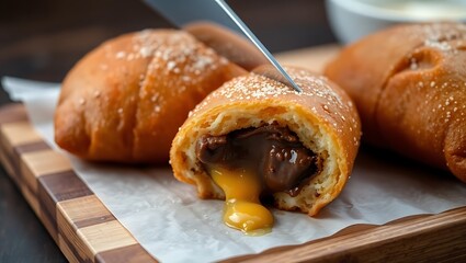 Close-up of a freshly fried Martabak manis being sliced, revealing gooey cheese and chocolate filling, placed on a wooden board with parchment paper