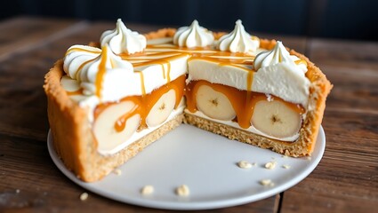 Close-up of a freshly sliced Banoffee Pie on a rustic wooden table, layers of banana, toffee, and whipped cream clearly visible, golden biscuit base