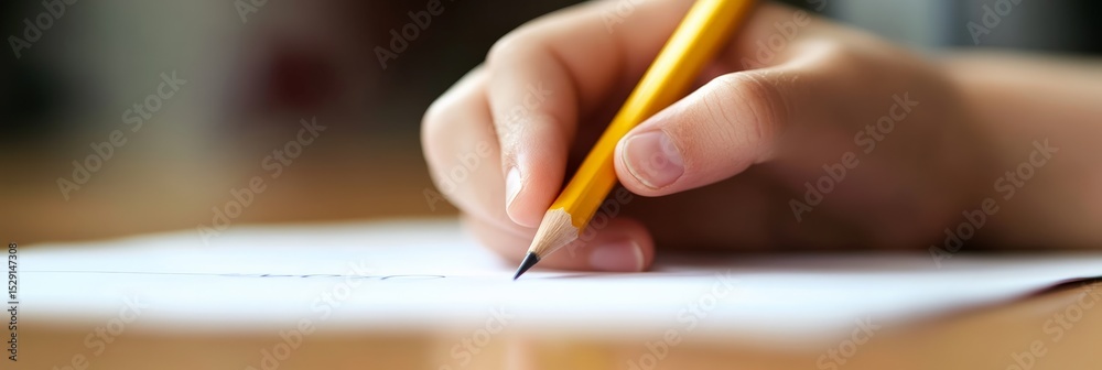 Aufkleber Close up of a student's hand using a pencil to write notes on a piece of paper while studying at a school desk, emphasizing the importance of taking notes and active learning in education