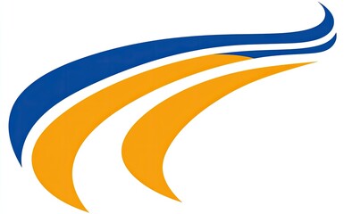 Three overlapping, stylized, curved lines of blue and orange against white background
