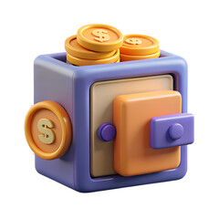  3D Money Cabinet with Coins and Bills – Finance Storage Icon in PNG
