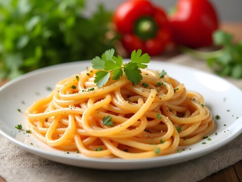 Spaghetti with red bell pepper coriander on plate, herbs behind, cooking at home, eating lunch