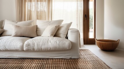 Fototapeta premium An inviting minimalistic living room featuring a soft sofa, light curtains, and a woven basket, designed for relaxation and showcasing modern home decor aesthetics.