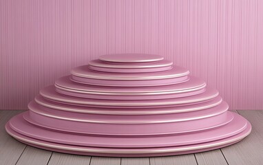 Pink tiered circular platform on light wood floor