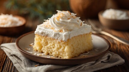 a slice of vanilla sheet pan cake on a ceramic plate