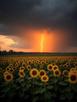 Sunflower Field During Rainfall with Dramatic Cloudy Sky and Sunset