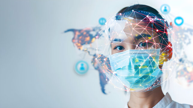 Woman wearing a face mask with a world map overlay and social media icons around the head area - Powered by Adobe
