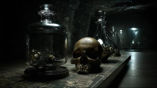Historical artifacts related to the bubonic plague are arranged in a dimly lit cave