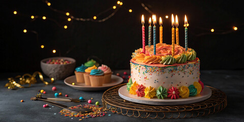 Birthday Cake with Lit Candles on Dark Background