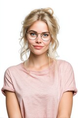 Fototapeta premium Smiling Woman With Blonde Hair and Round Glasses, Representing Vision and Clarity in Healthcare or Education, Set Against a Clean White Backdrop : Generative AI