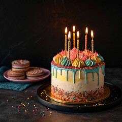 Birthday Cake with Lit Candles on Dark Background