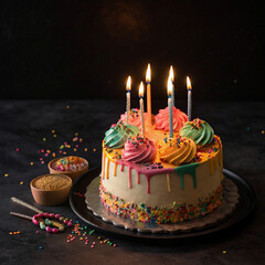 Birthday Cake with Lit Candles on Dark Background