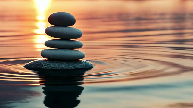 Balancing stones create a serene atmosphere over the water during sunset, Relaxation and meditation nature background Rock balance tower in water