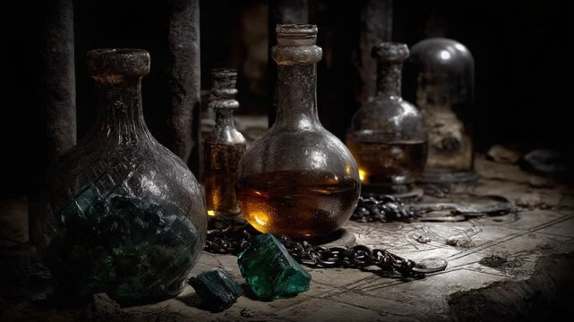 An examination of various glass containers filled with liquids resembling remedies from the bubonic plague era. The dark environment adds a sense of historical authenticity to the artifacts